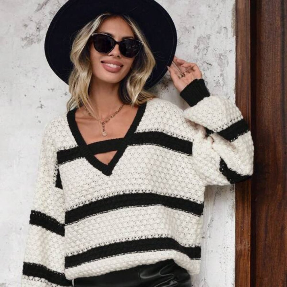 Black and White Striped Striped Cut Out Pullover Sweater